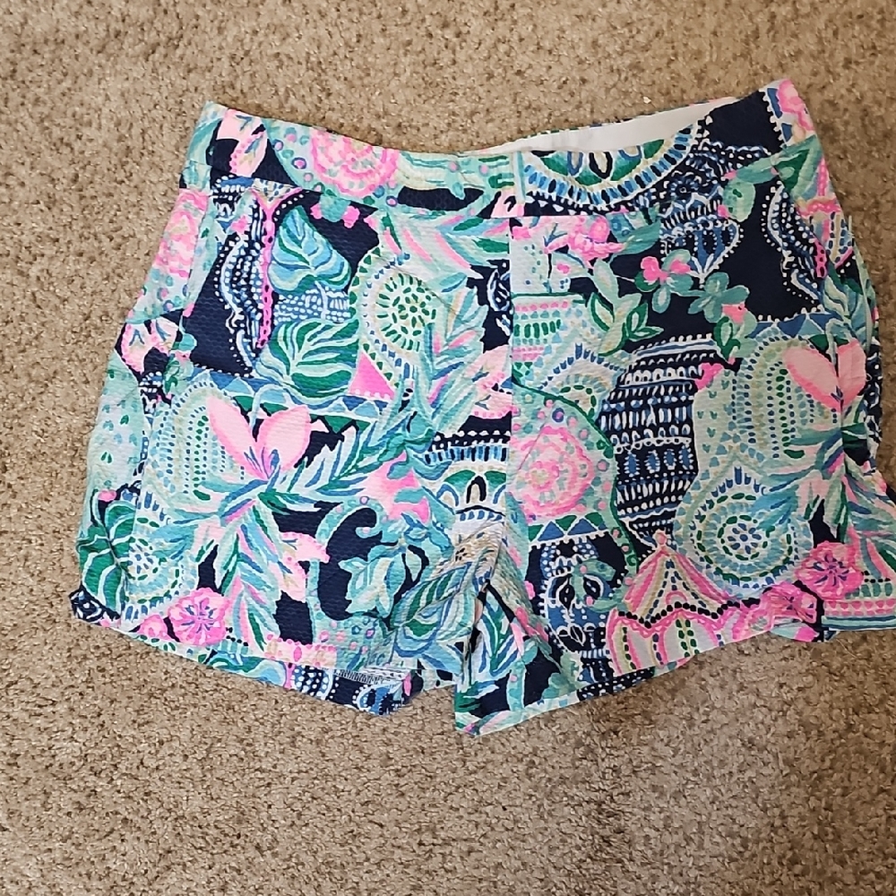 Lilly Pulitzer Navy Floral High-Waist Shorts with Pink & Aqua Accents
